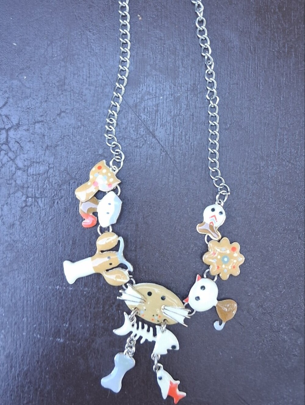 Whimsical Cat Charm Necklace - Cream & White